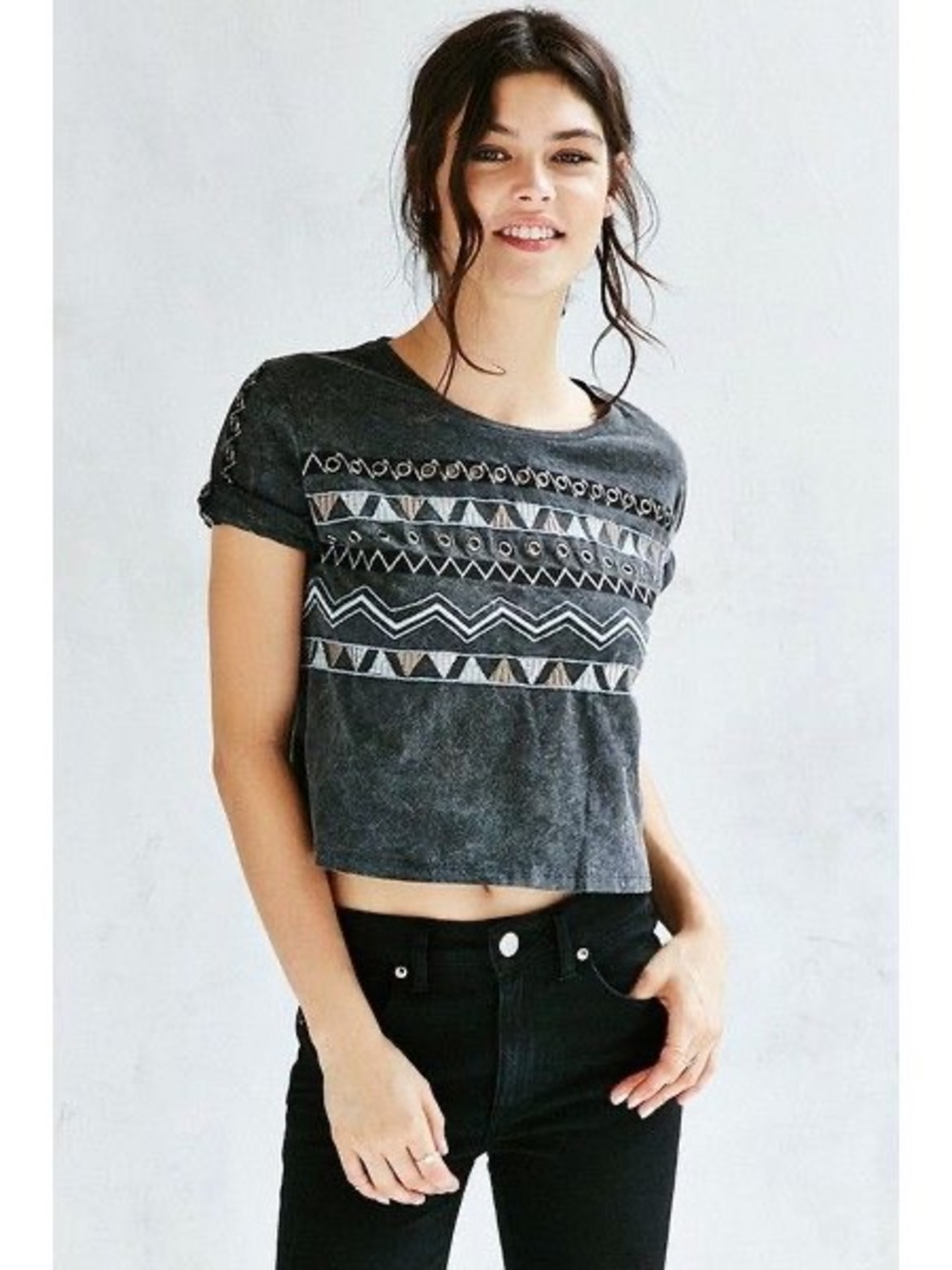 Ecote charcoal grey cropped Aztec inspired embroidered short sleeve tshirt